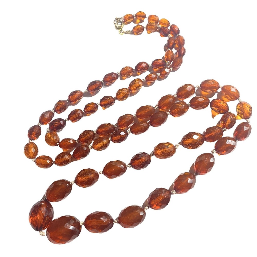 OLD VINTAGE ART DECO NATURAL AMBER FACETED COGNAC GRADUATED BEAD NECKLACE‎ 38"